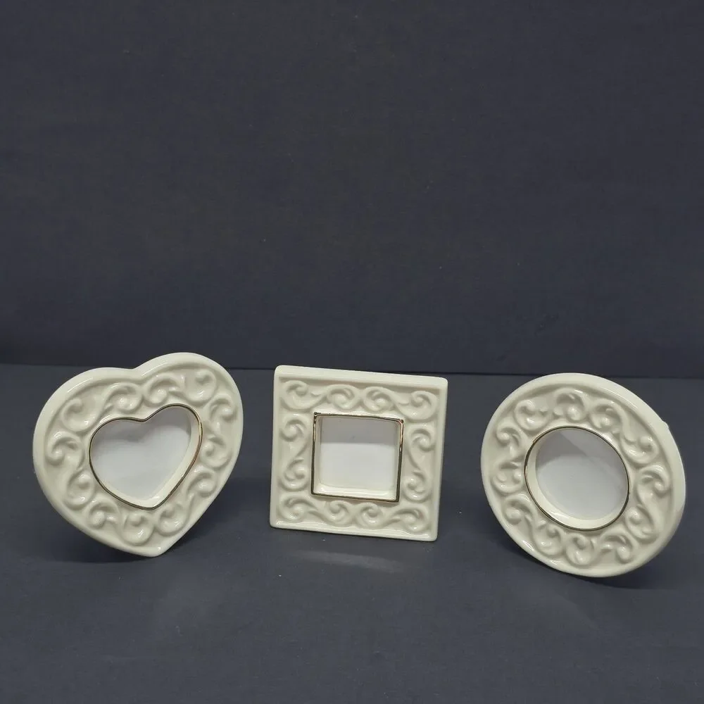 LENOX 3 DIFFERENT MINI IVORY PORCELAIN PICTURE FRAMES HEART CIRCLE SQUARE
